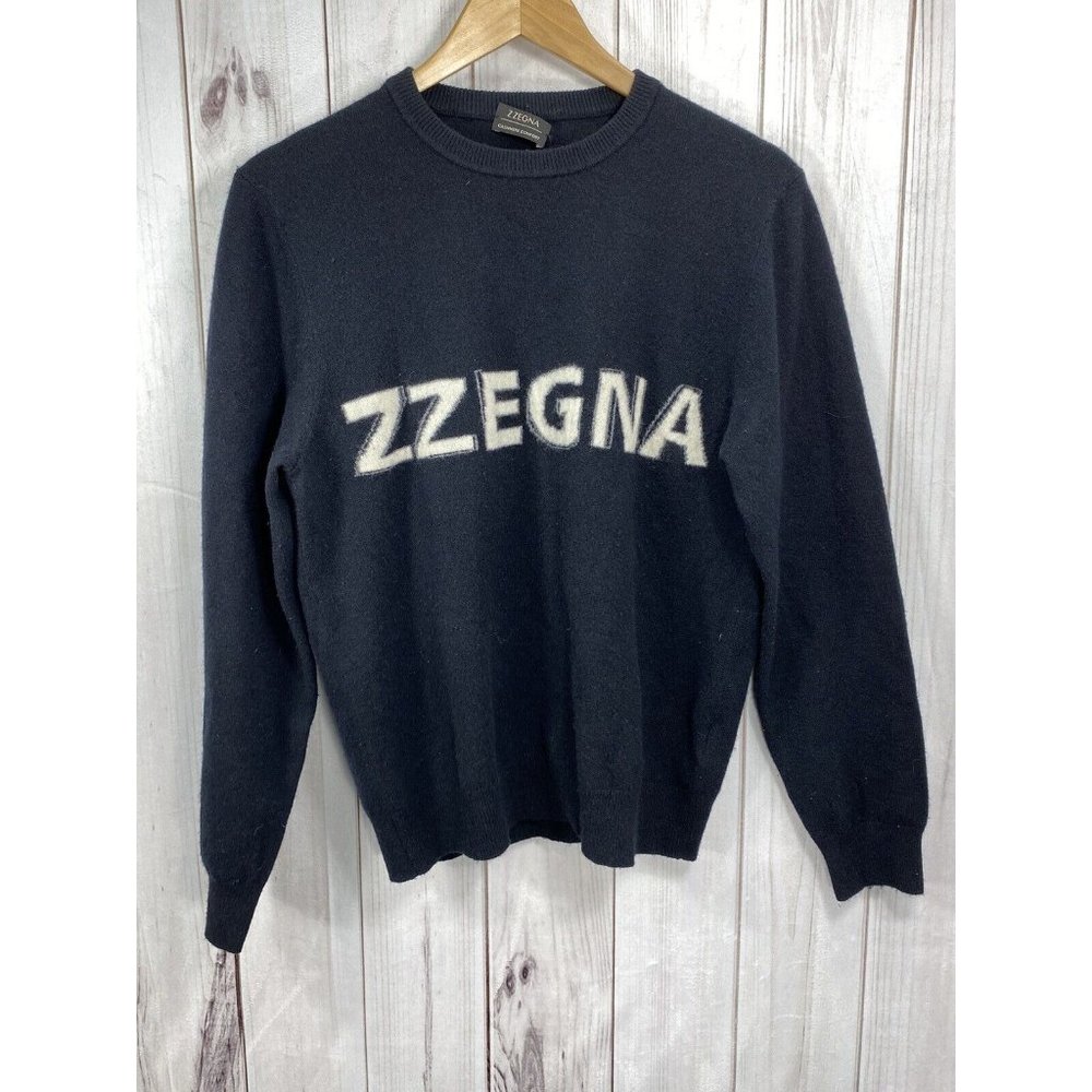 Z Zegna Mens Black Cashmere Blend Crewneck Sweater Spell out Size Small